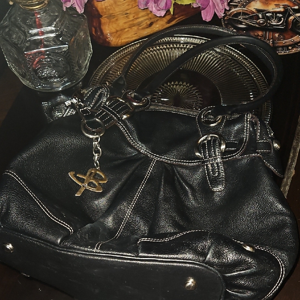 b. makowsky Black Leather Shoulder Bag, Heavy Silver Hardware&White Stitching